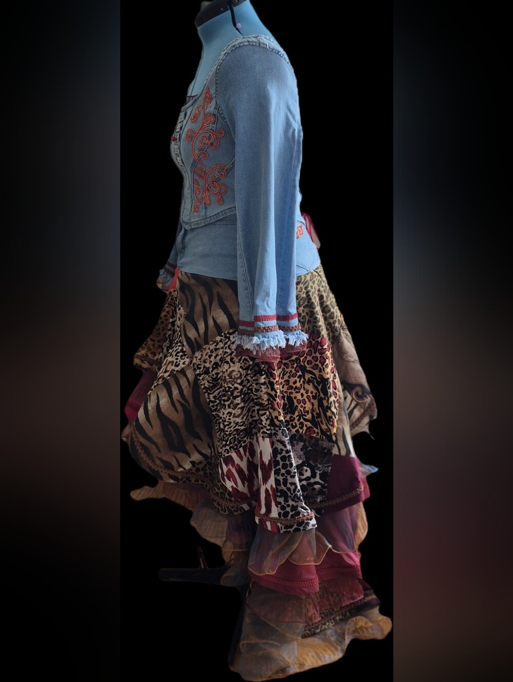 Upcycled Patchwork Asymmetrical Skirt, DenimTop & Cutch in Red and Animal Prints - Picture 5 of 16